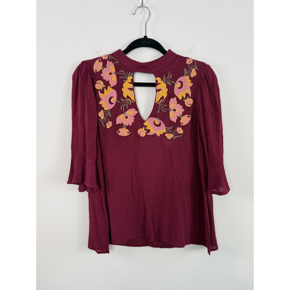 Francesca's Blue Rain Blouse Burgundy S Floral Embroidered Bell Sleeve Boho